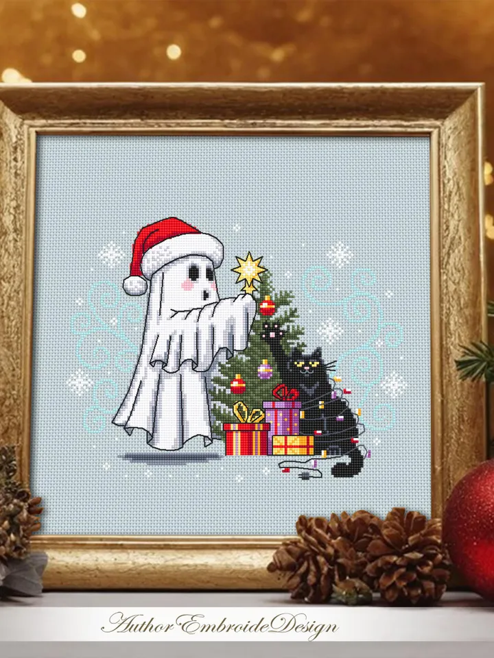 Christmas ghost with black cat cross stitch pattern PDF download Cute ghost cross stitch chart, Christmas pattern digital PDF #N147