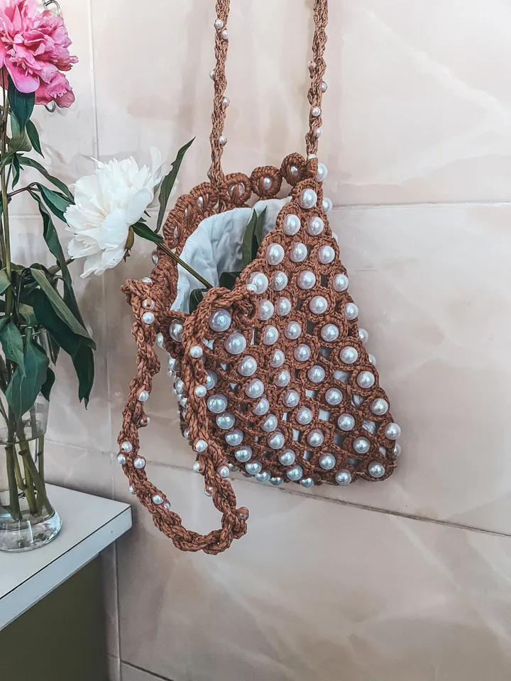 Raffia bag with beads crochet pattern PDF, digital instant download, video tutorial, summer bag, bridesmaid bag, net bag