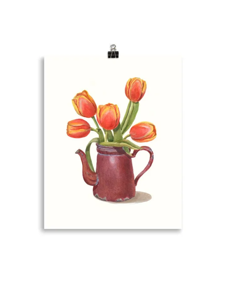 Tulip Painting Watercolor Vintage Still Life Painting Tea Lovers Watercolor Print Floral Tulip Wall Art Farmhouse Painting Red Floral Art t