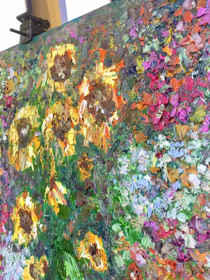 Colourful Sunflowers garden,original impasto oil painting on stretched canvas,flowers painting,impressionistic,wall hanging,one of a kind.
