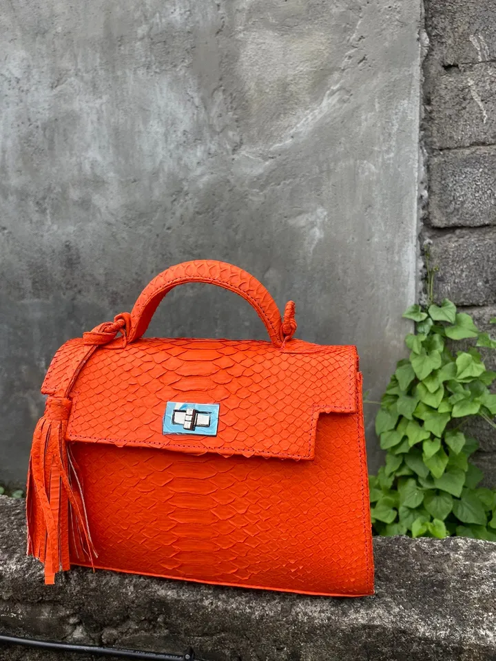 Top handle orange classy genuine python skin bag | exotic leather bags | Elegant women purse | snake skin bag | designer leather bag