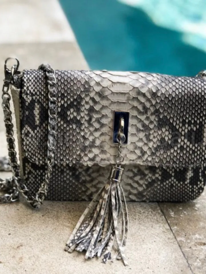 Genuine python skin crosdbody chain tassel bag, elegant small classy bag crossbody genuine leather bag, everyday elegant small bag snake