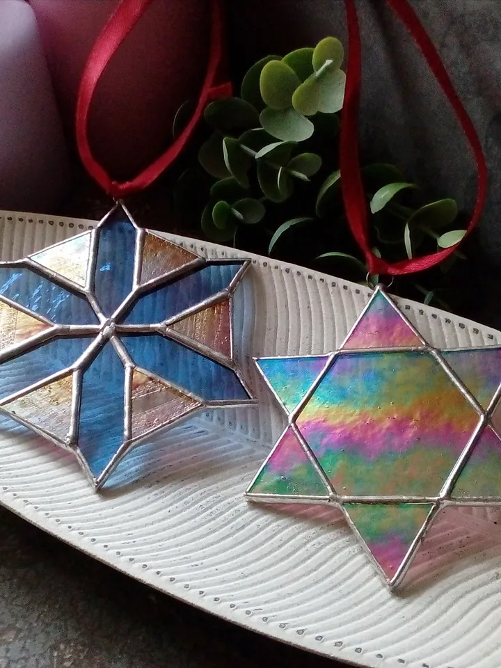 Set of 2 snowflake suncatchers, christmas ornaments, simple stained glass, Christmas decorations, Xmas tree star