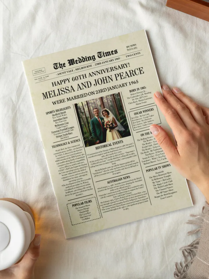 60th diamond wedding anniversary gift for parents 1965 australian newspaper poster printable the wedding times 60 year keepsake card