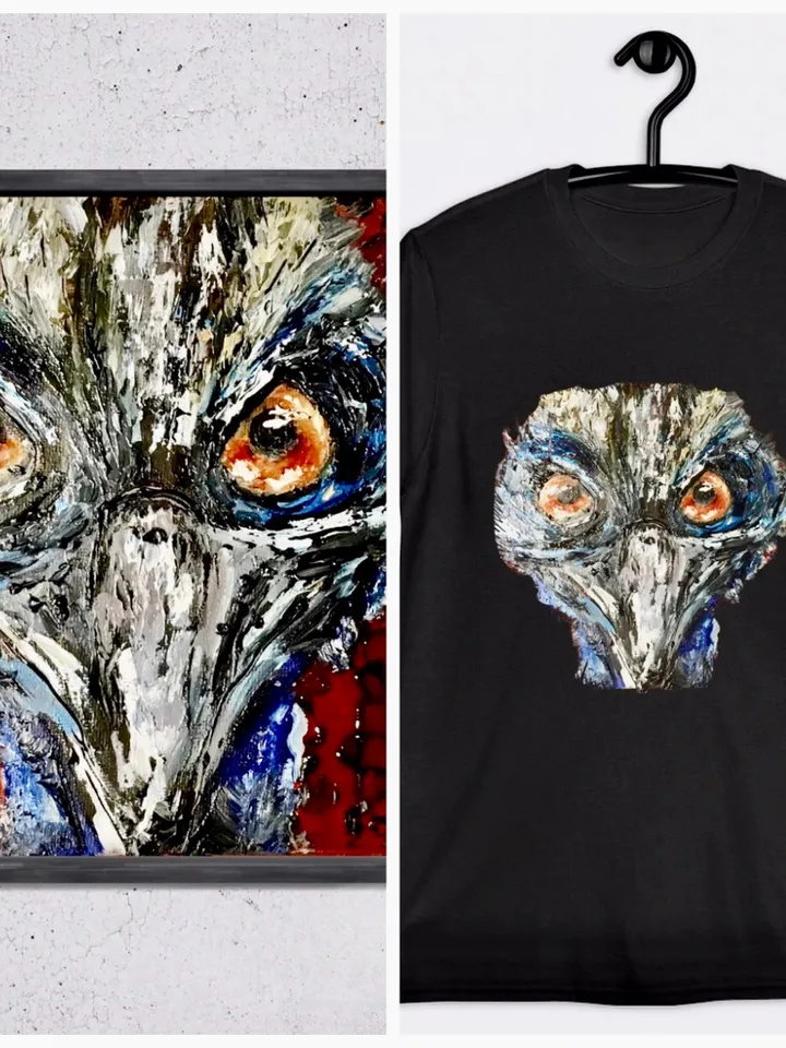 Cassowary bird short-Sleeve Unisex T-Shirt made with my original mix media painting,unique wearable gift for animal lovers.