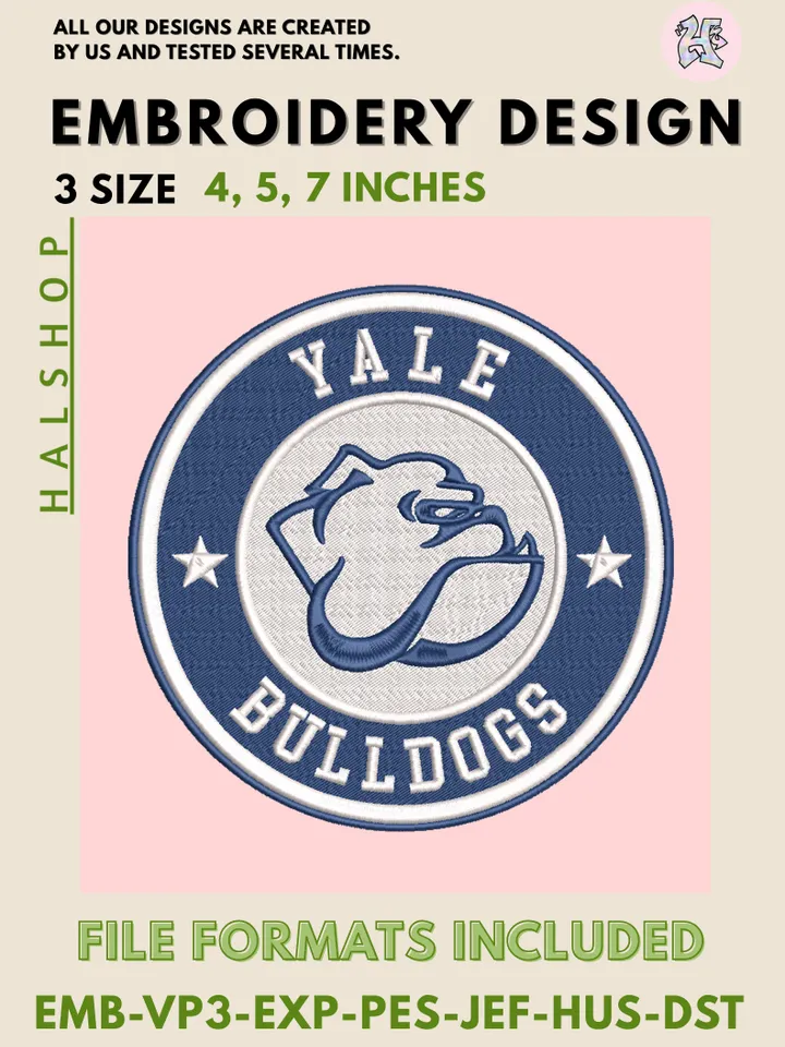 Yale Bulldogs NCAA Team Mascot Logo Embroidery Design Files – Classic College Pattern, 3 Sizes Machine Embroidery, Instant Digital Download