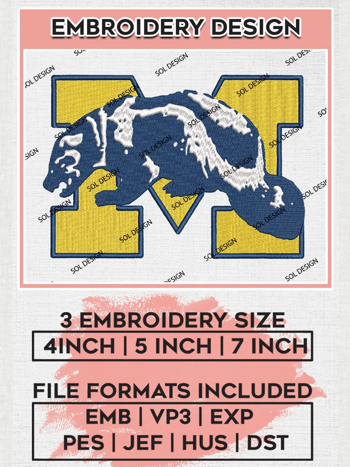 Michigan Wolverines Team Logo Embroidery Design Files, NCAA Michigan Wolverines Machine Embroidery, NCAA Teams, 3 sizes, NCAA Machine embroidery designs, Digital Download