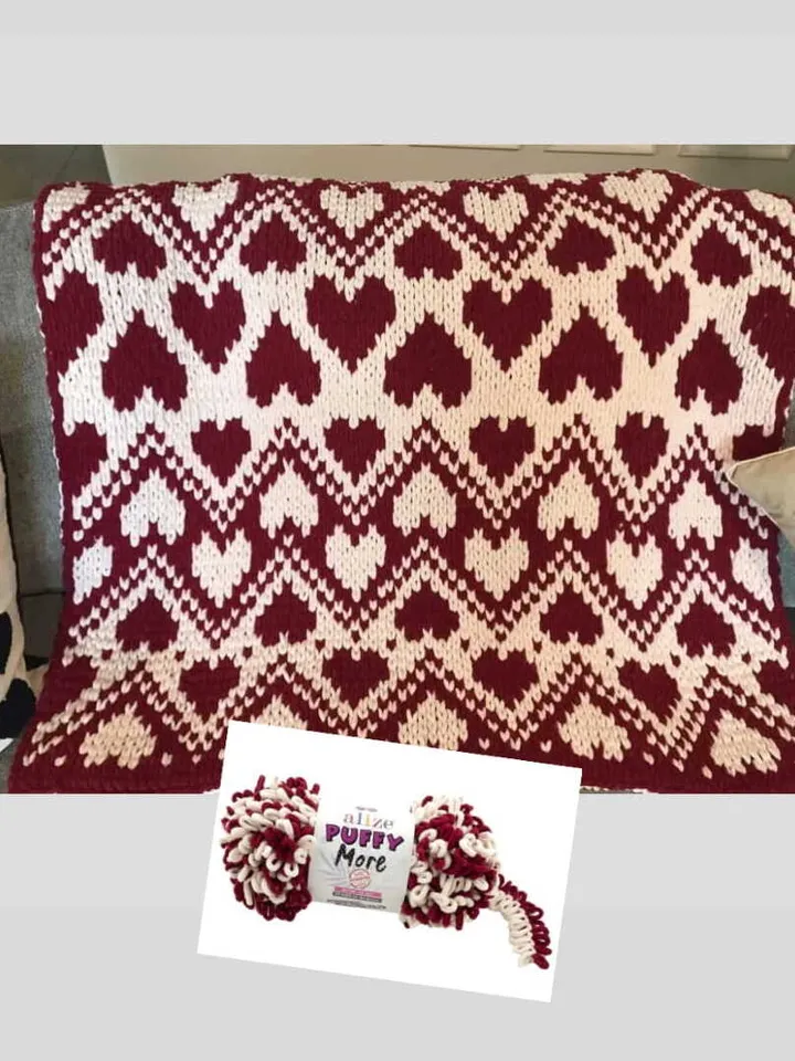 Hearts Zig Zag-Loop yarn Finger knitted blanket pattern