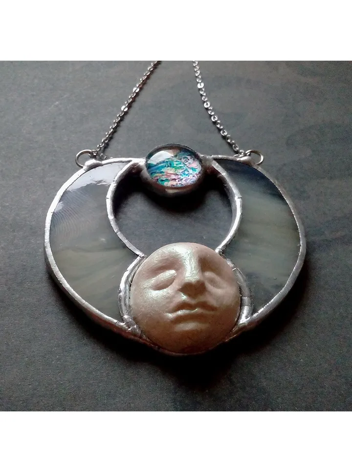 Stained glass moon, Moon Goddess, Moon phase necklace, Stainglass crescent, Full moon pendant, Moon face necklace