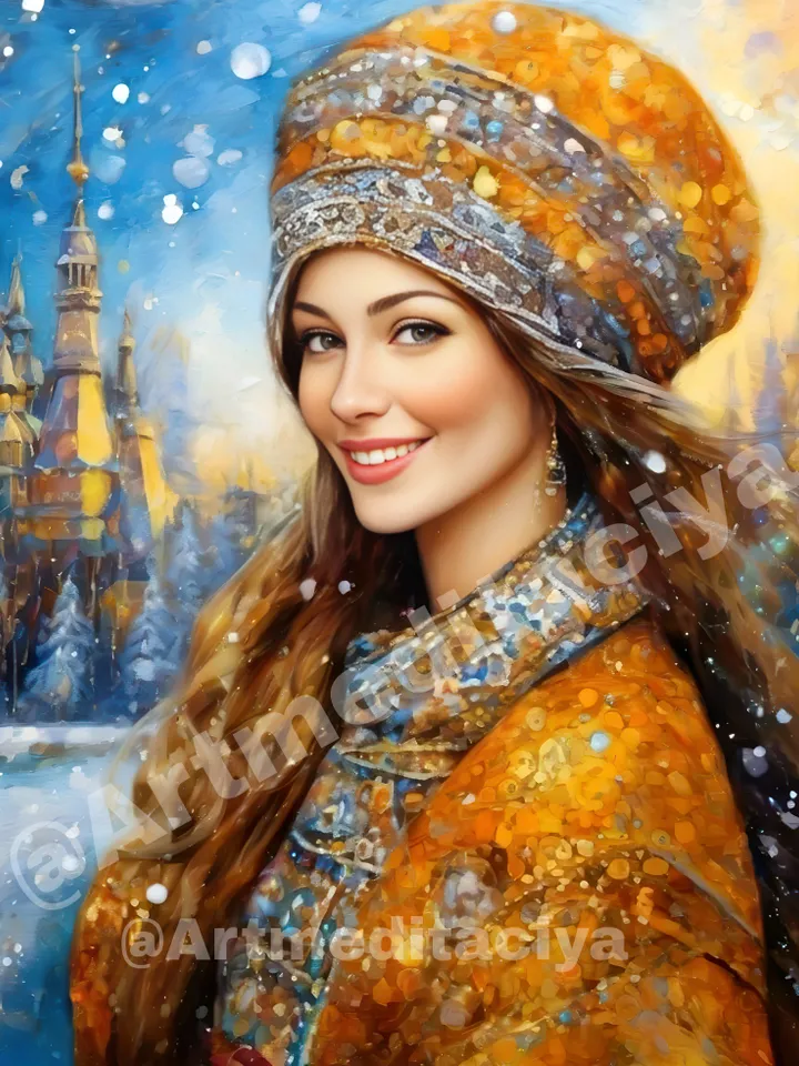 Digital abstract texture painting "Russian Winter", a gray-eyed blonde in a yellow-gray-blue winter ethno outfit on an abstract winter background of an ancient urban landscape, made in the style of oil painting
