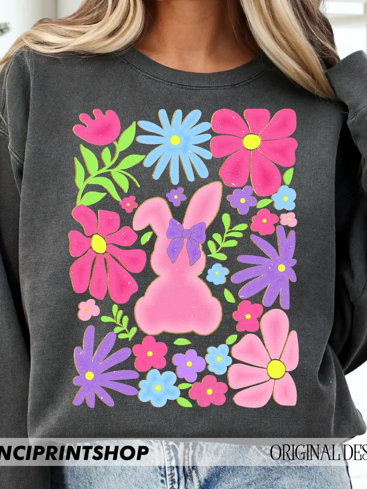 Boho Easter Bunny Png, Boho Floral png, Easter png, Retro Floral Easter Png, Happy Easter png, Bunny Coquette Bow png, Boho Easter png