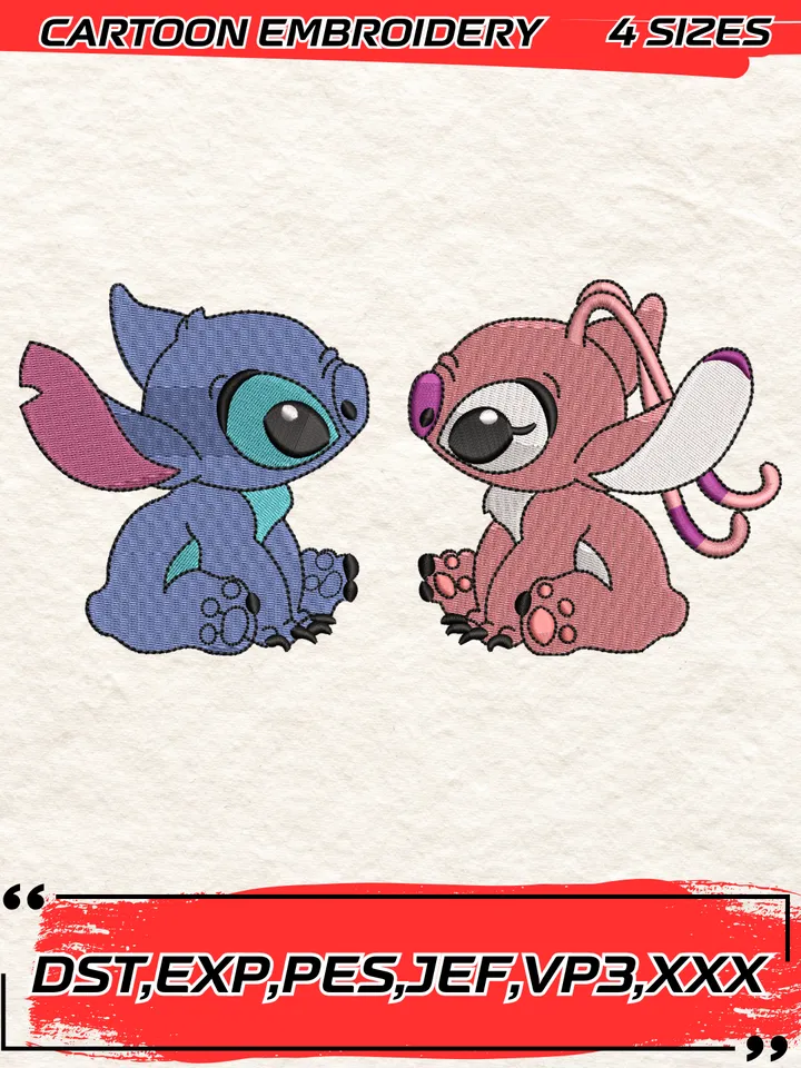 Stitch and Angel Embroidery Design,Stitch Embroidery Design,Machine Embroidery Design File,4 Sizes, Digital Download