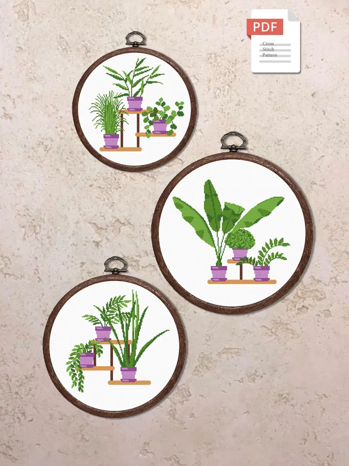 Set of 3 Potted Flowers Cross Stitch Pattern, Flower Cross Stitch, Embroidery Potted Flowers, Flowers xStitch Potted Flowers xStitch #flw019