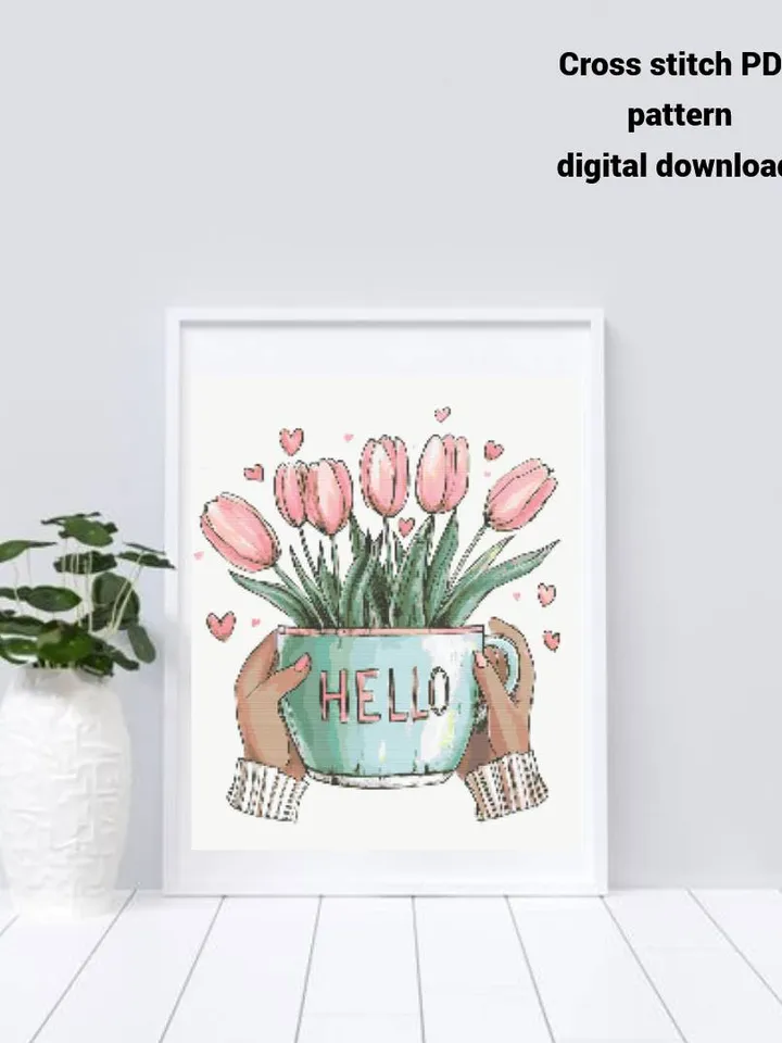 Tulip cross stitch PDF pattern, Spring Flowers embroidery design, Instant download