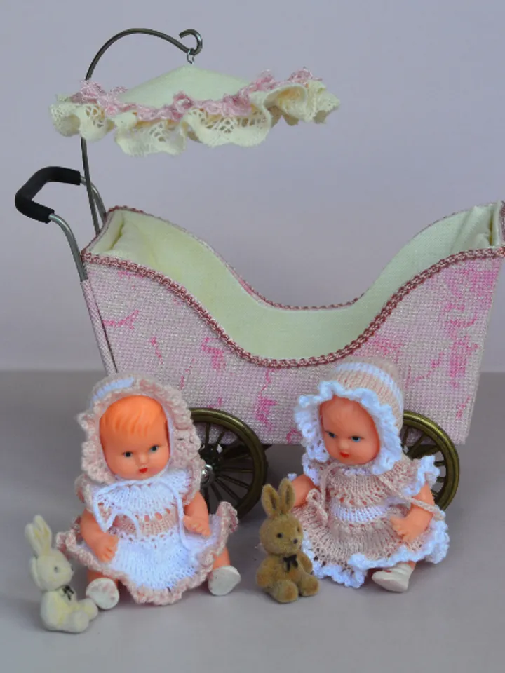 Miniature toy stroller for two small dolls. Handmade miniature stroller for small dolls. Stroller for dolls 2,76"(7 cm.)