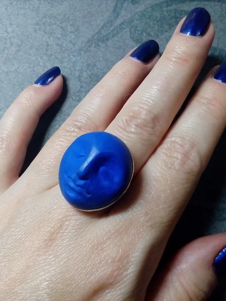 Blue moon clay ring, face moon Goddess ring, Halloween witchy ring,  Samhein bijouterie