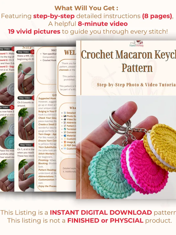 Crochet Macaron Keychain Pattern, Amigurumi Cookie Keyring PDF, DIY Cute Dessert Plush, Handmade Sweet Treat Charm, Instant Download