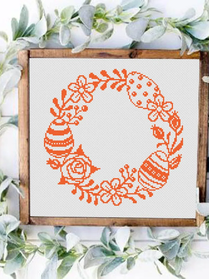 Easter wreath cross stitch pattern download PDF Easter eggs cross stitch chart, Small beginner embroidery PDF, Happy Easter cross stitch #T1