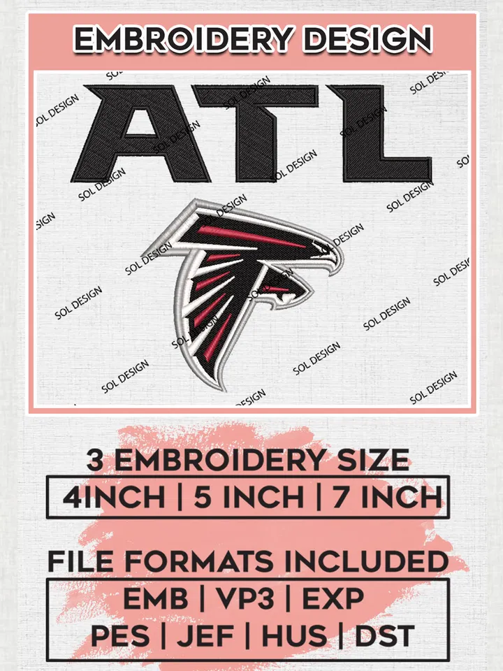NFL Atlanta Falcons Embroidery Design Files, NFL Falcons, NFL Embroidery Designs, NFL Atlanta Falcons Machine Embroidery Design, Digital Download