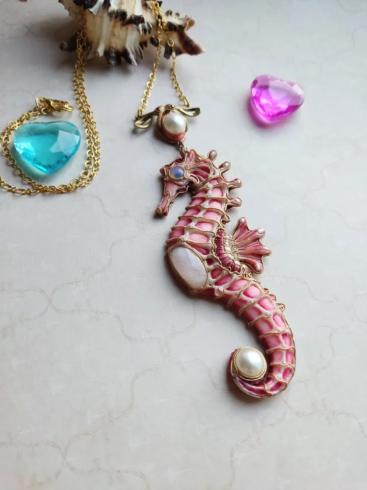 Seahorse necklace, Pink Seahorse, Pearl necklace, Seahorse jewelry