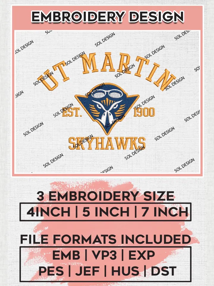 UT Martin Skyhawks Est 1900 Embroidery Designs, NCAA UT Martin Skyhawks Team Embroidery, NCAA Team Logo, 3 sizes, Machine embroidery Files, Digital Download
