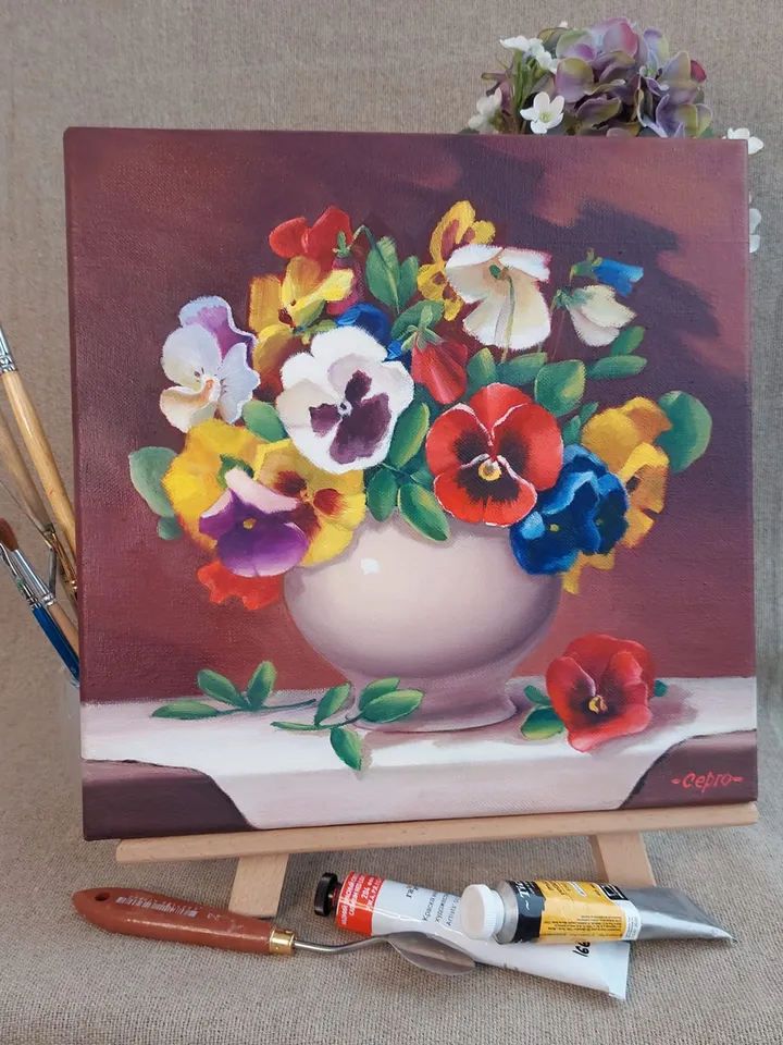 Painting with flowers. Violets. Original Art. 12x12 inches