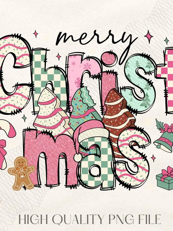 Merry Christmas png, christmas tree png, pink christmas png, retro christmas png, Christmas vibes png, merry christmas y'all png, merry png