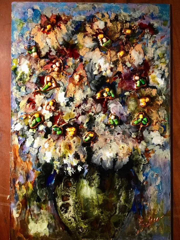 Abstract chrysanthemums in a vase,stained glass painting,fantasy glass flowers decorated with faux coral beads,unique handmade gift.