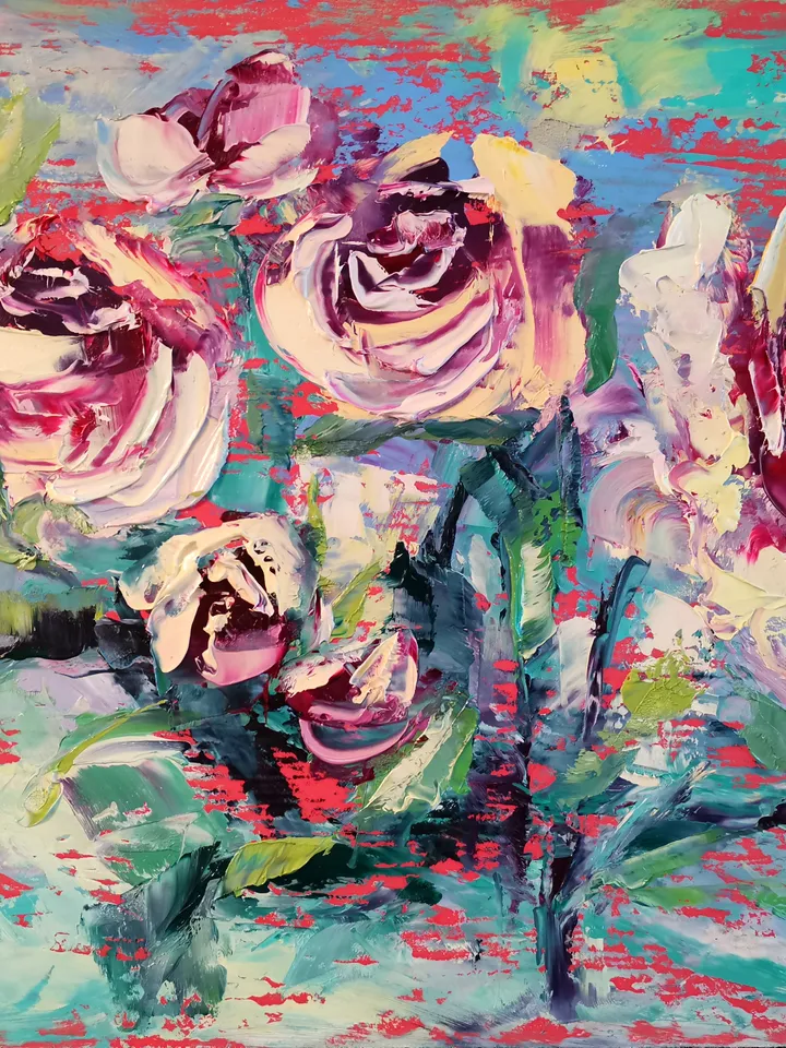 Oil Painting Flower Pink Roses Bushes Impasto Original Artist Svinar Oksana