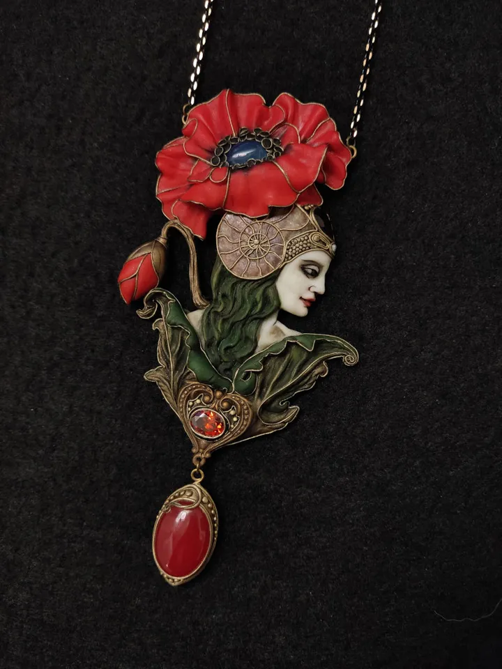 Red Poppy necklace, Art Nouveau Romantic Flower, Jewelry Nature Pendant, Poppy