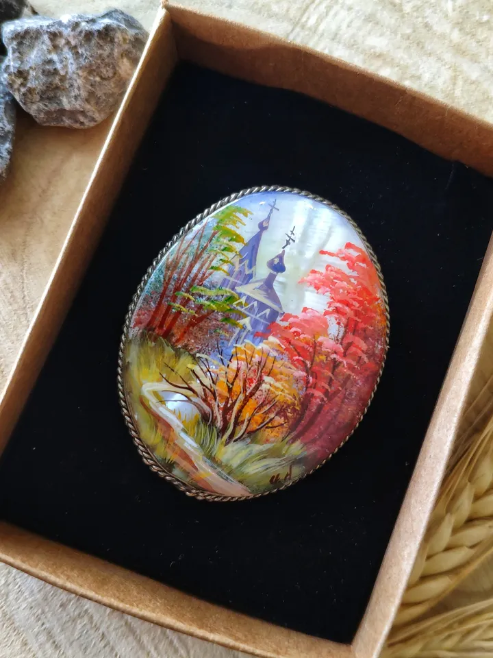 Brooches for women: Village Church in fall season Forest painted on aesthetic brooch • Dainty handmade jewelry • gorgeous pin for dress