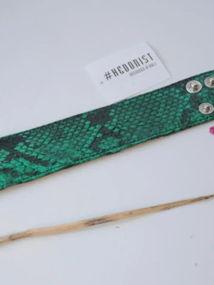 Green Python Skin Bracelet | Flat Woman Buttoned Exotic Leather Bracelet | Wide Leather Bracelet | Women Jewerly | Snake Skin Bracelet
