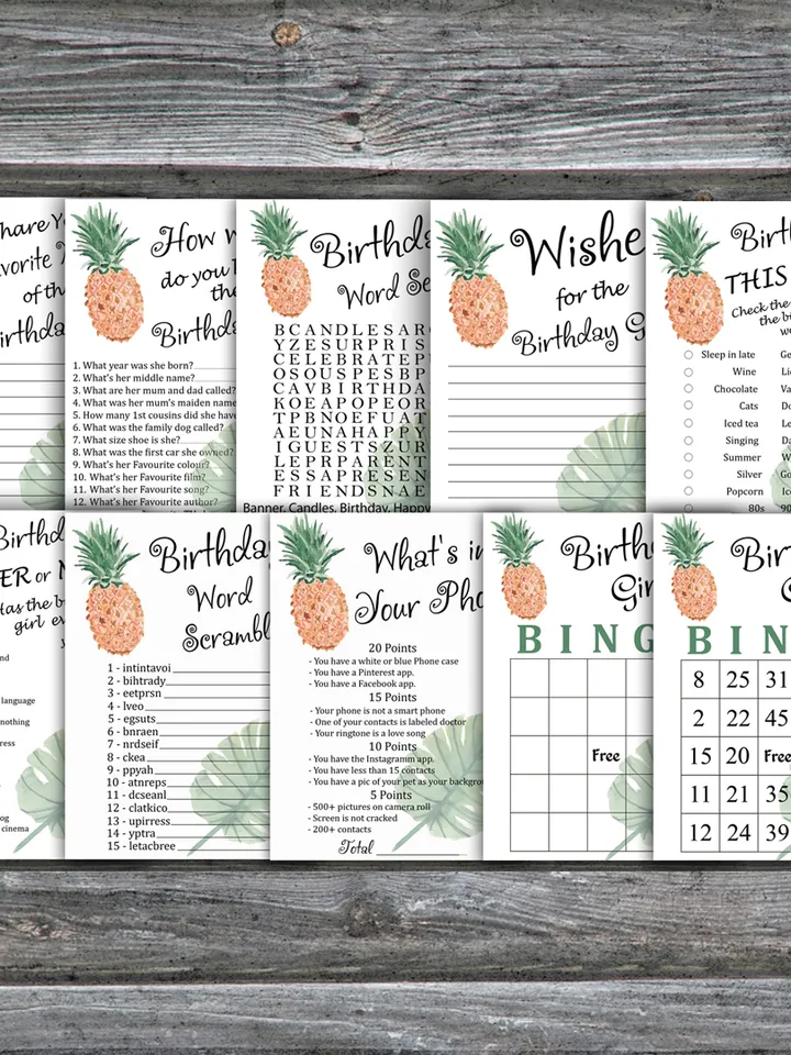 Adult birthday games package,Pineapple Birthday Games bundle,Printable Birthday Games,INSTANT DOWNLOAD
