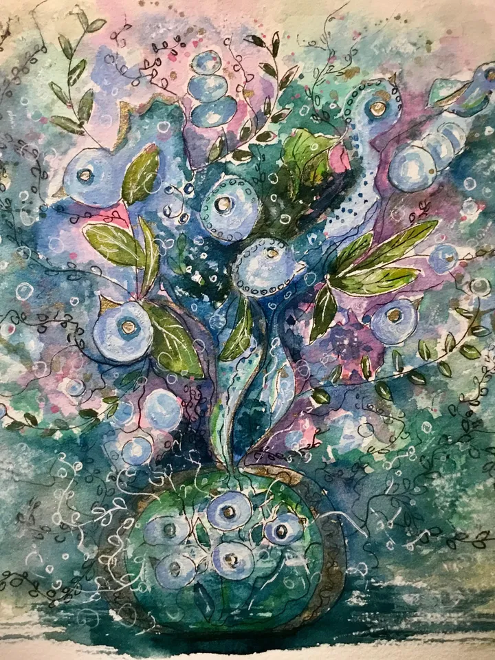 Floral fantasy original watercolor painting on paper, unique handmade artwork, wall art, home decor, blue green pink abstract fantasy art.