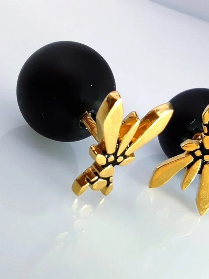 Golden Bee Stud Earrings with Obsidian