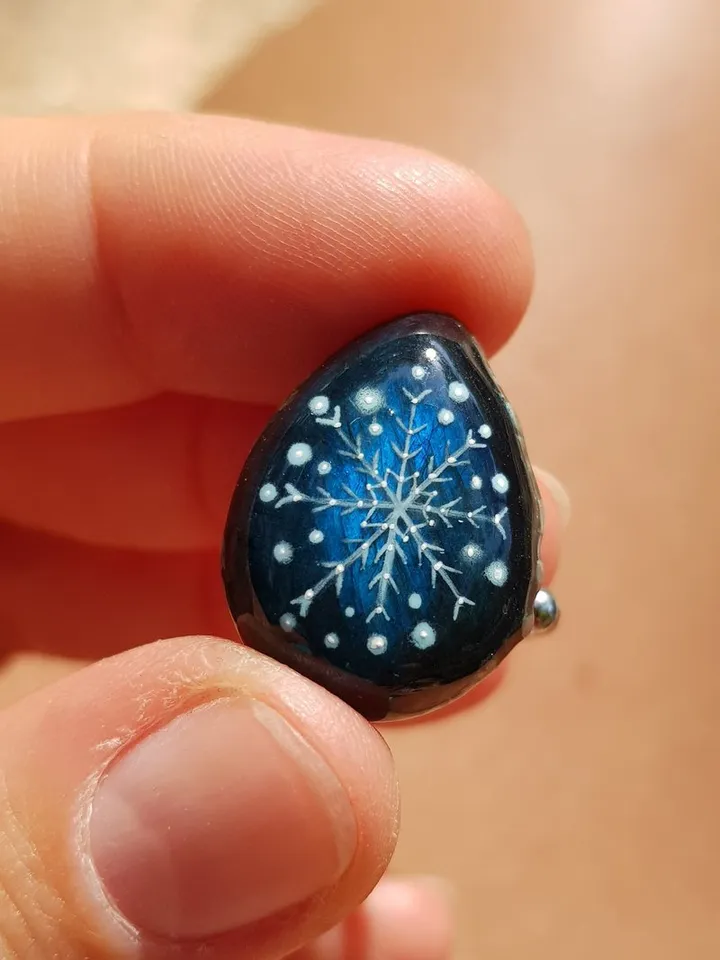 Ring with blue labradorite Oil painting miniature of snowflake on gemstone