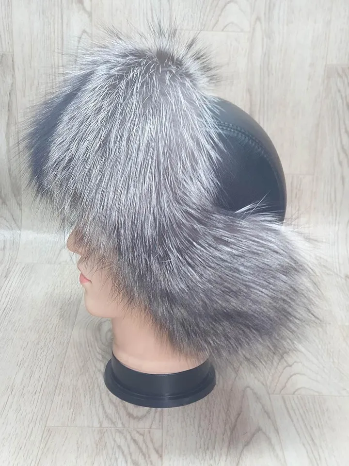 Men's silver fox hat, Winter hat for men, Genuine leather hat top, Fur hat with earflaps "Pilot". Warm men's hat