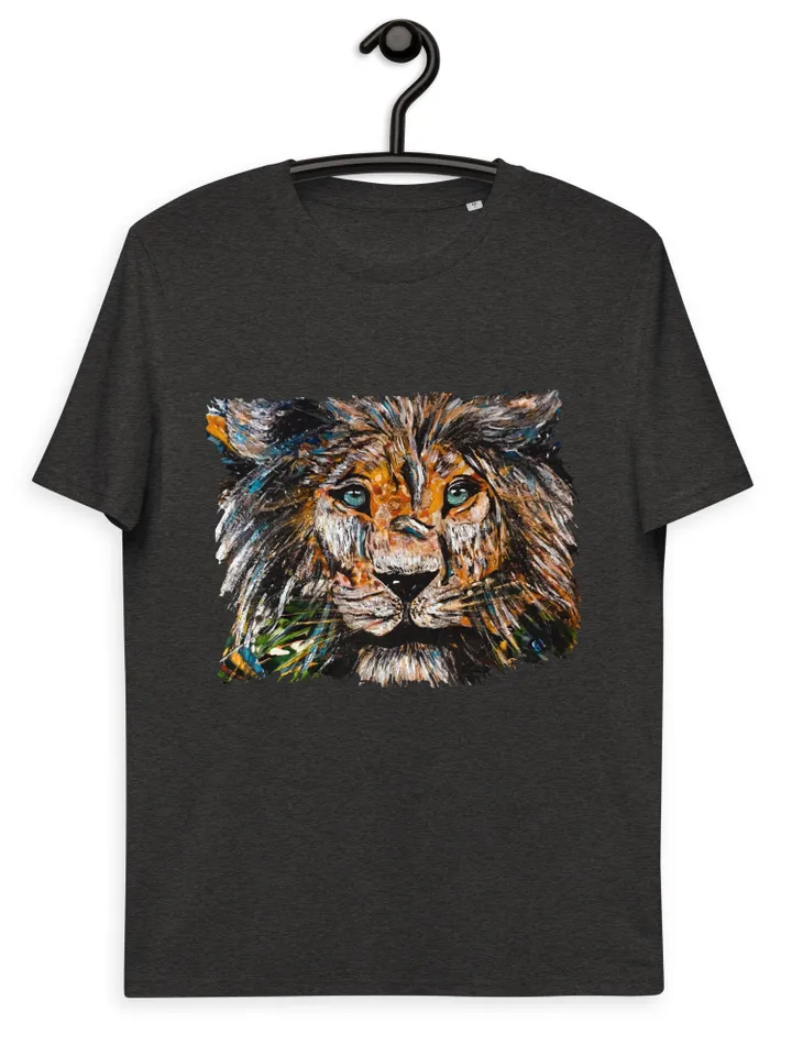 Unique design Lion Unisex organic cotton t-shirt made from my original mix media artwork on glass,wild animals t shirts, wearable art gifts