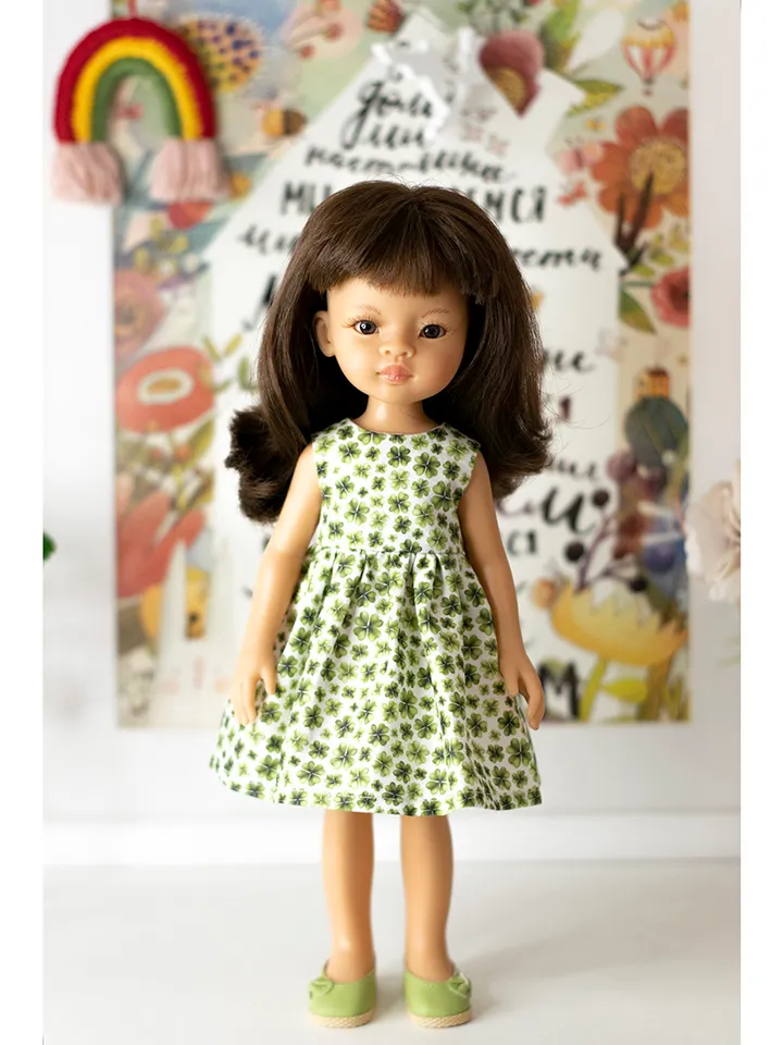 St Patrick's Day overall for dolls Paola Reina, Siblies Ruby Red, Little Darling, Minouche, 13 inch doll green clothes