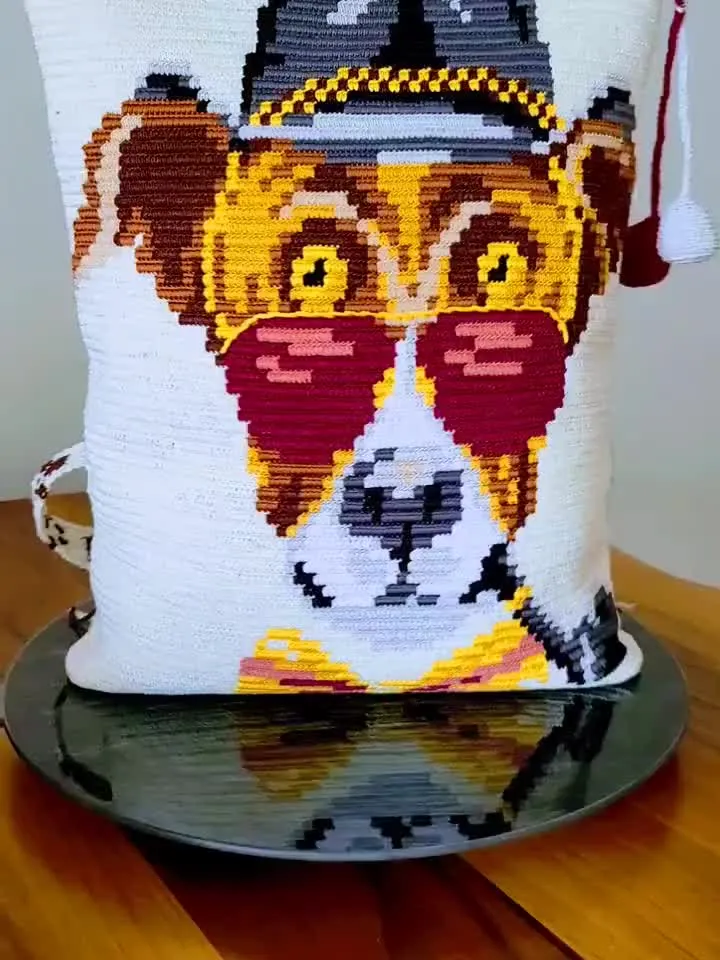 Crochet bag dog Animal crochet bag Crochet festival bag Art to wear purse Unique crochet bag Backpack laptop bag Crochet backpack  Wayuu bag