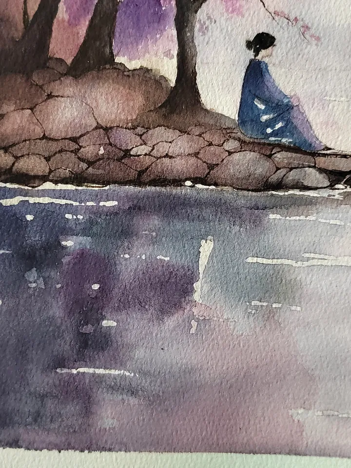 Original Watercolor Painting Japan Landscape Art Sakura blossoms Artwork 27x39 cm by SoftWaves