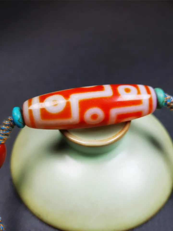 Gandhanra Unique Tibetan Fire Agate 9 Eyes Dzi Bead Necklace,1.93&quot; x 0.59&quot;