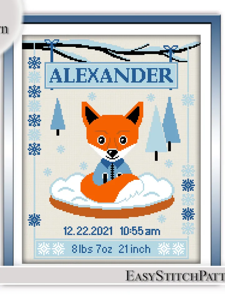 Baby Birth Announcement. Cute Fox Cross Stitch Pattern. Animal Cross Stitch. DIY. Customizable New Baby.