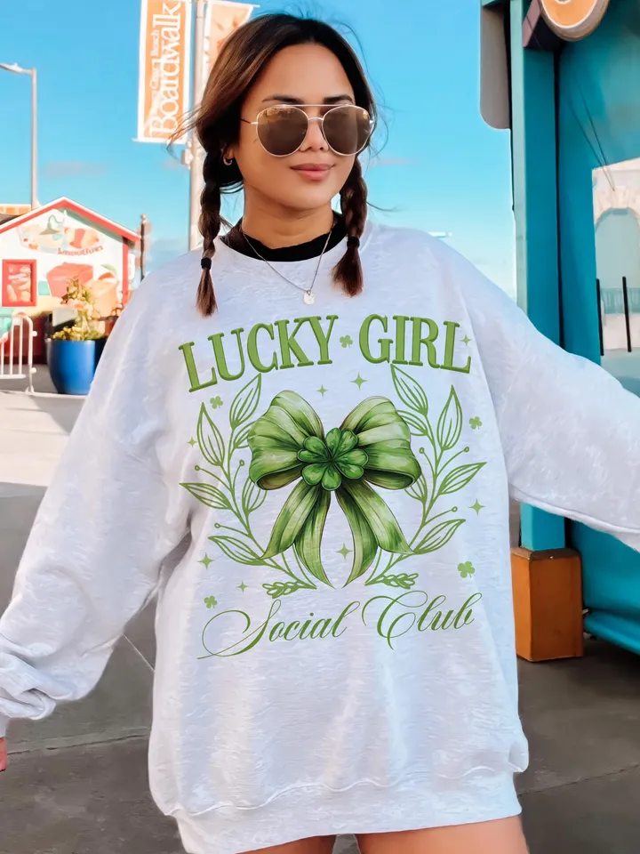 Lucky Girl Social Club Png St. Patrick’s Day Bow png, St Patricks Coquette PNG, Green Coquette PNG, 4 leaf clover png, St Patrick's Day png