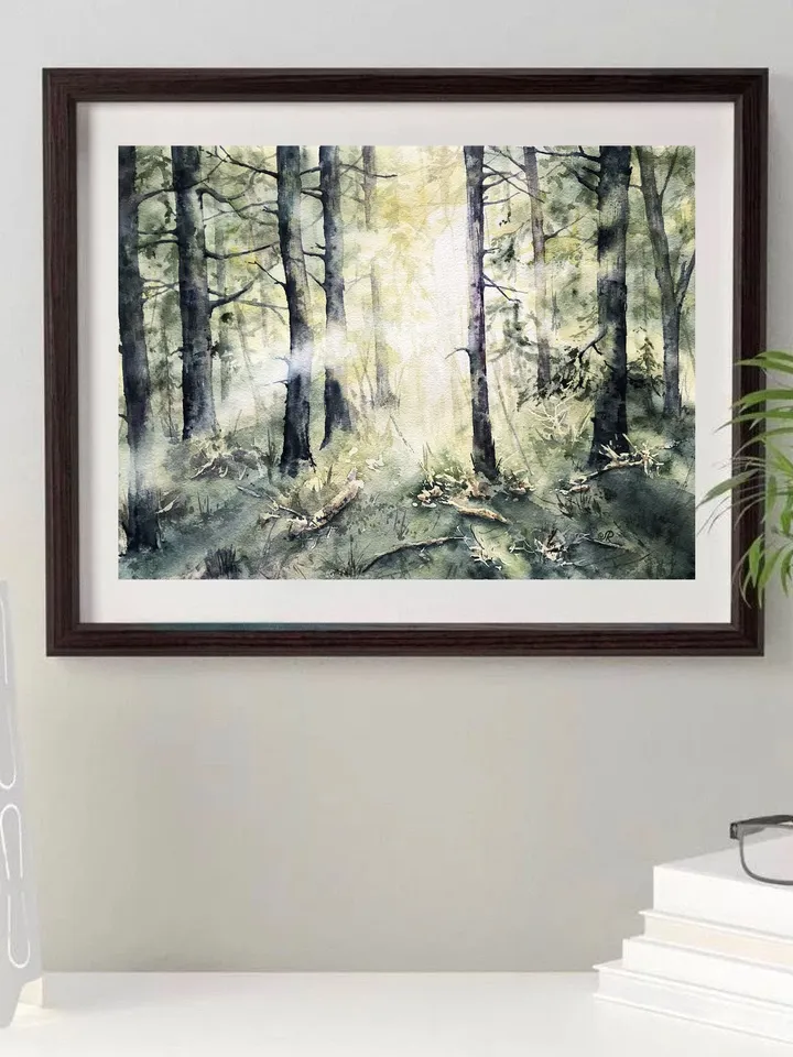 Forest Painting Original Trees Watercolor Painting Sunset Wall Art