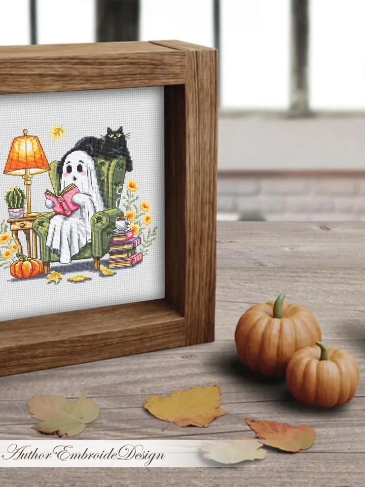 Reading ghost with black cat cross stitch pattern PDF download Cute ghost cross stitch chart, Halloween pattern digital PDF Fall leaves #H89