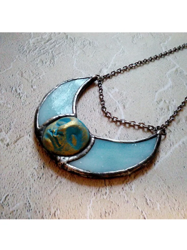 Stained glass blue moon, Moon Goddess, Moon phase necklace, Stainglass crescent, Full moon pendant, Moon face necklace