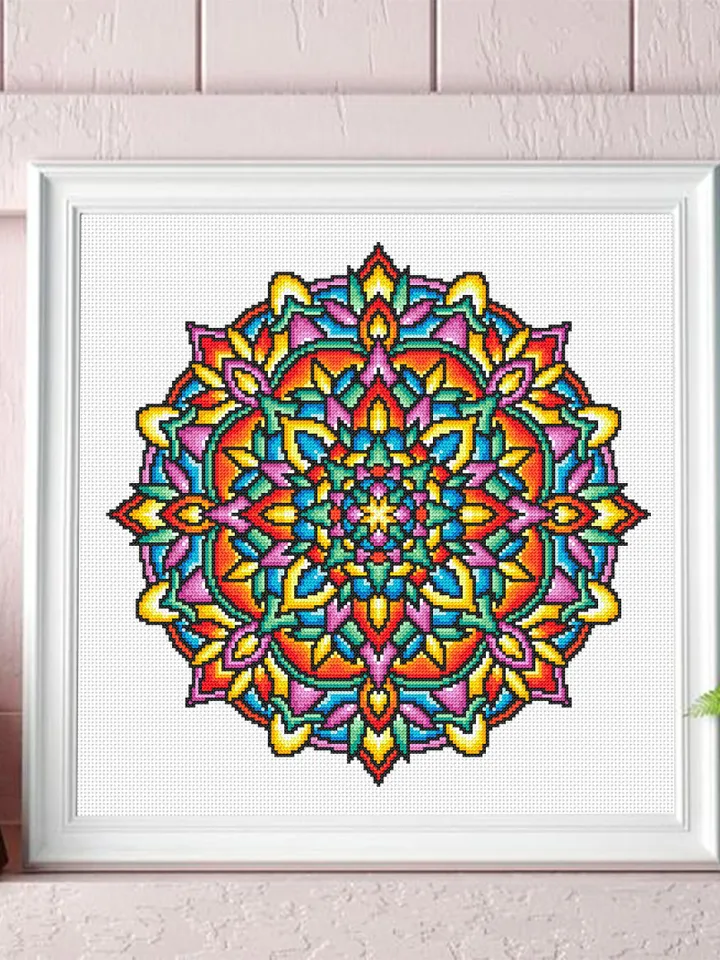 Stained glass mandala cross stitch pattern PDF download Modern Stained glass cross stitch chart, Colorful mandala pattern digital PDF #M266