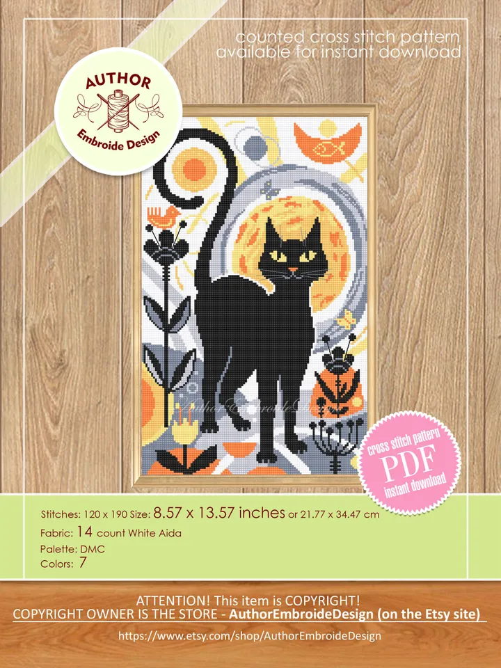 Boho cat cross stitch pattern PDF download Boho cross stitch chart, Abstract pattern digital PDF, Black cat embroidery, Boho wall decor #K22