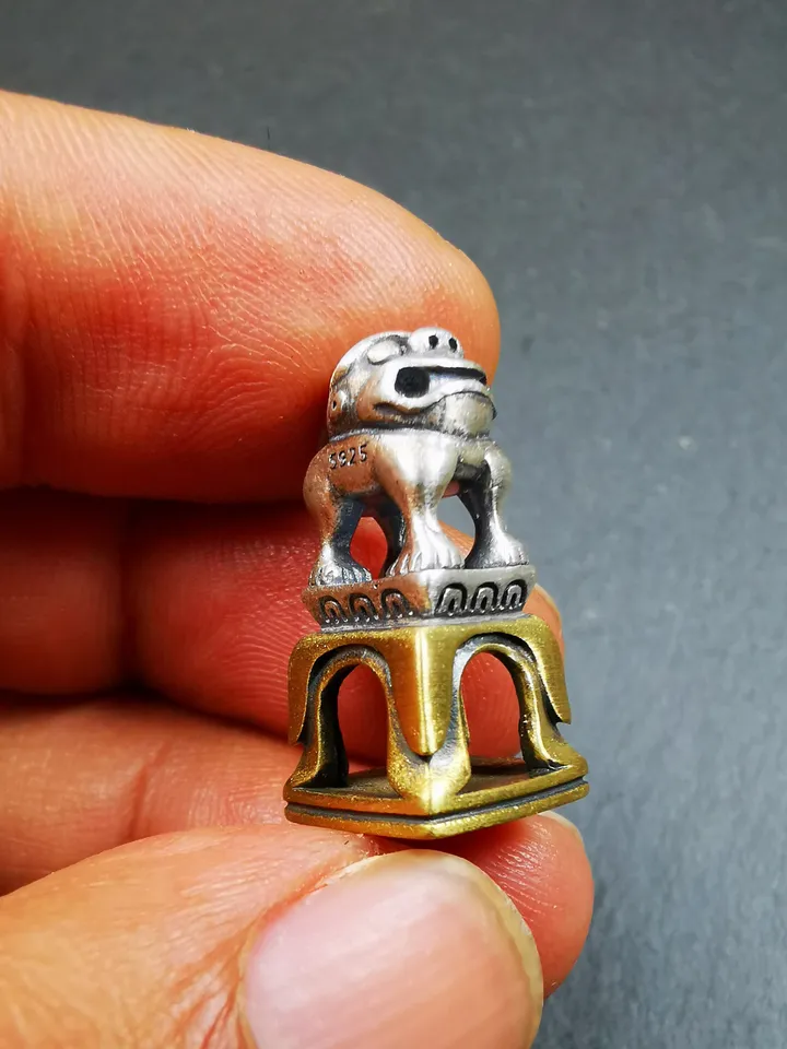 Gandhanra Tibetan Buddhism Seal Amulet,Snow Lion Shape with Kalachakra Symbol,Handmade of Silver and Brass, 0.9&quot;